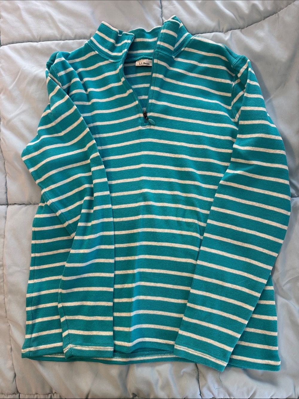 L.L. Bean Teal and White Striped Half-Zip Pullover